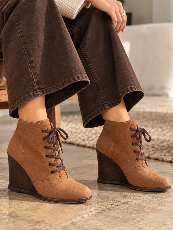 Mango Shoes - Mango Suede Lace-Up Wedge Booties — Tan, Size 9